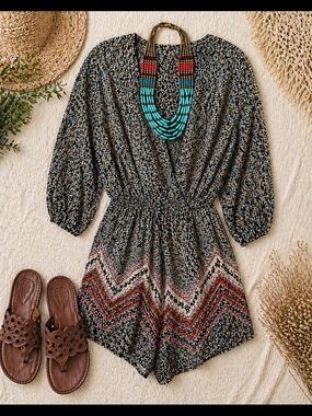 Angie Boho Romper Dress Medium Black Cream Print